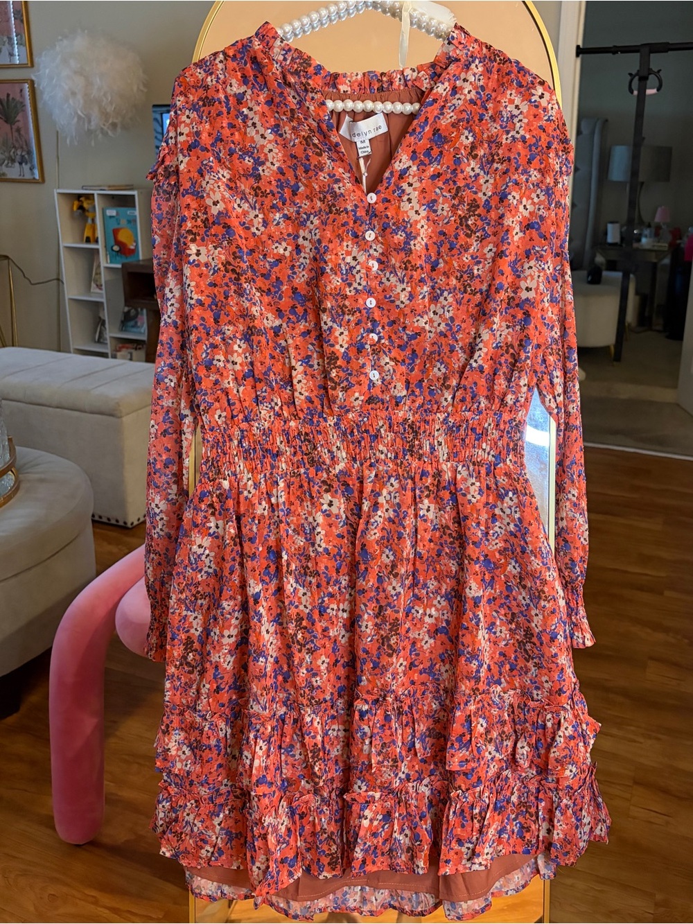 Coral Orange Floral Long-Sleeve Ruffle Dress